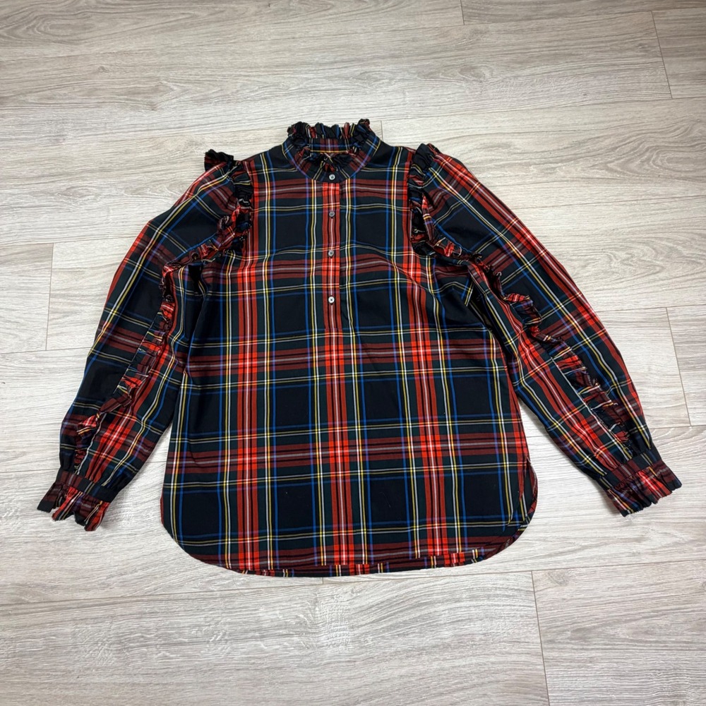 J.Crew Womens Red Tartan Plaid Ruffle Trim Cotton Top‎ Long Sleeve Medium